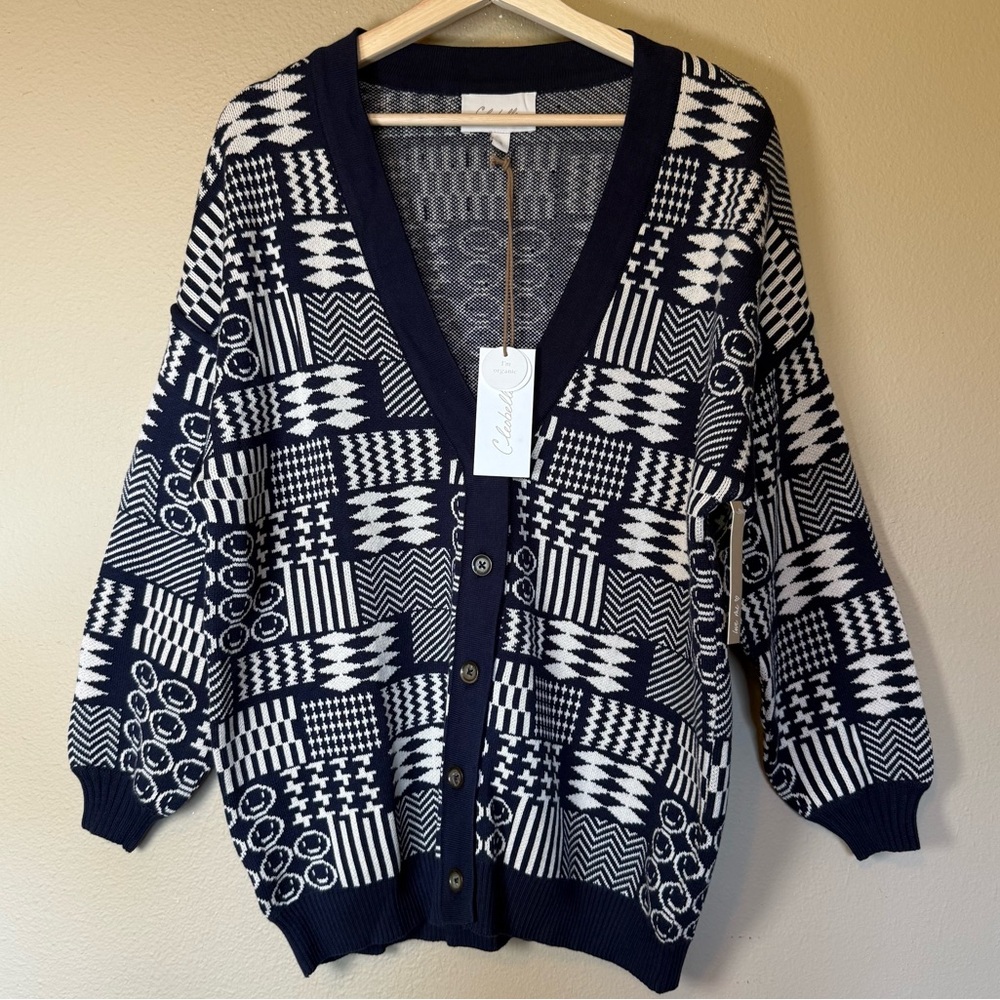 Cleobella Navy White Patchwork Knit Oversized Cardigan Sweater NWT Small - Picture 2 of 9